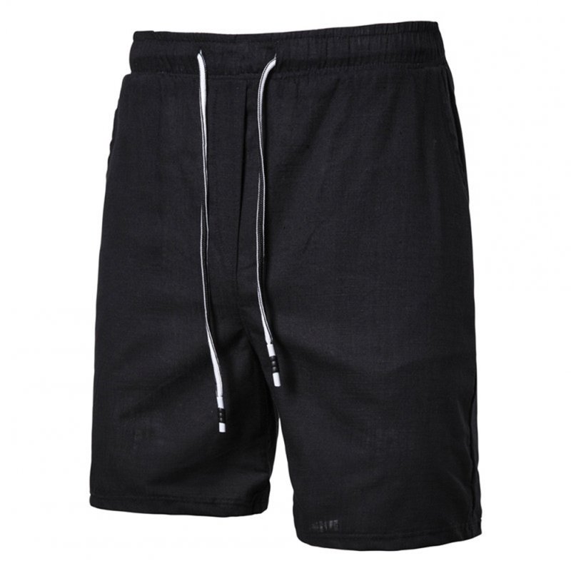 Men Beach Shorts Straight Tube Shape Flax Solid Color Shorts  black_L