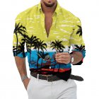 Men Beach T-shirt Long Sleeve Lapel Cardigan Tops Trendy 3d Coconut Printing Casual Breathable Shirt