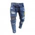 Men Broken Hole Badge Patch Slim Elastic Jeans Pants Nostalgic blue XL