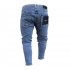 Men Broken Hole Badge Patch Slim Elastic Jeans Pants Nostalgic blue XL
