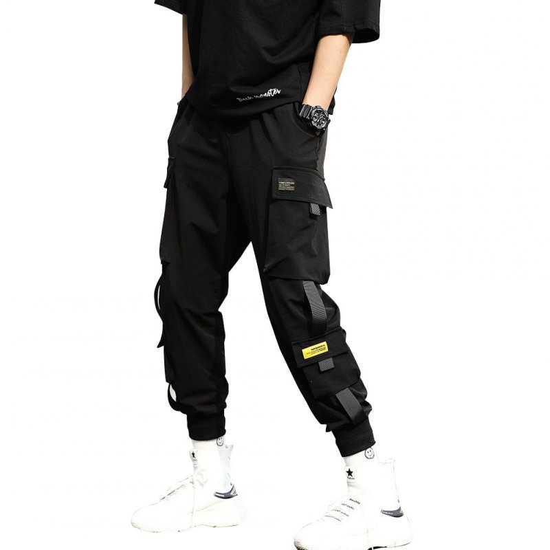 Men Cargo Harem Pants Fashion Ribbons Multi Pockets Solid Color Loose Casual Sports Trousers  black_XXL