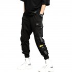 Men Cargo Harem Pants Fashion Ribbons Multi Pockets Solid Color Loose Casual Sports Trousers  black L