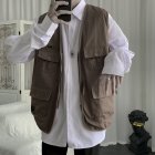 Men Cargo Vest Casual Loose Sleeveless Waistcoat Trendy Solid Color Zipper Canvas Vest With Multiple Pockets B00 brown M
