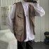 Men Cargo Vest Casual Loose Sleeveless Waistcoat Trendy Solid Color Zipper Canvas Vest With Multiple Pockets B00 brown L