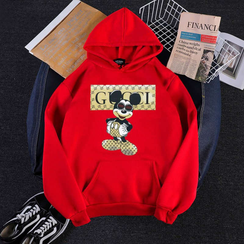 Men Cartoon Hoodie Sweatshirt Micky Mouse Autumn Winter Loose Student Couple Wear Pullover Red_M