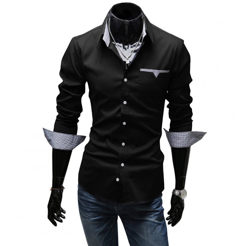 Men Casual All-match Business Solid Color Pocket Formal Shirts black_XL