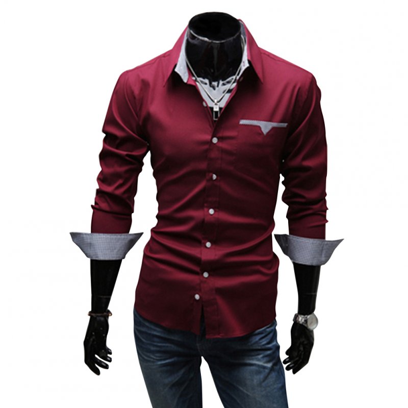 Men Casual All-match Business Solid Color Pocket Formal Shirts Red wine_XL