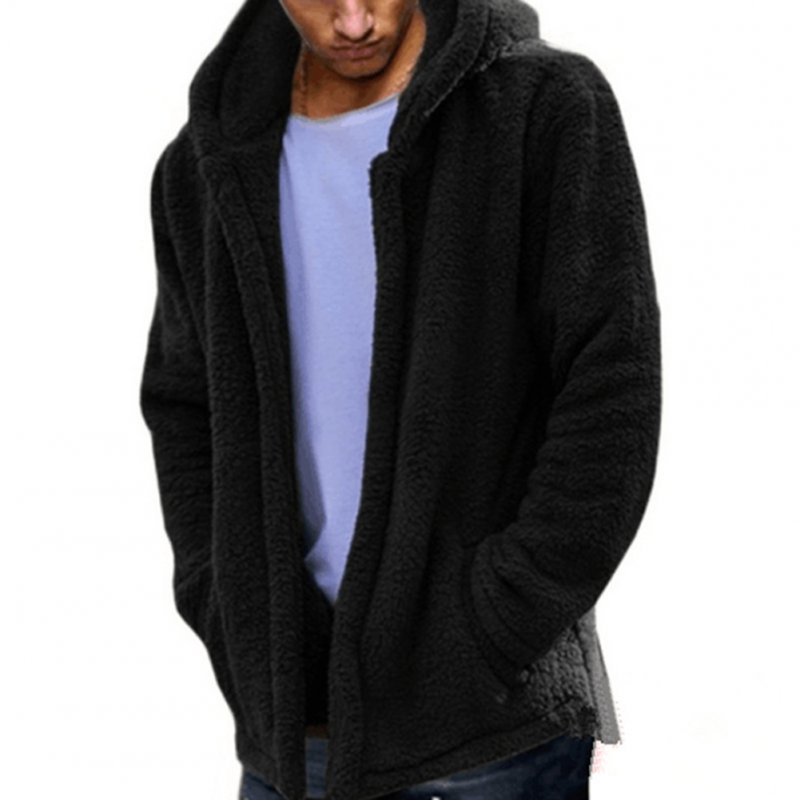 Men Casual Fluffy Fleece Coat Cardigan Hooded Sweatshirt Hoodie Jackets Outwear black_L