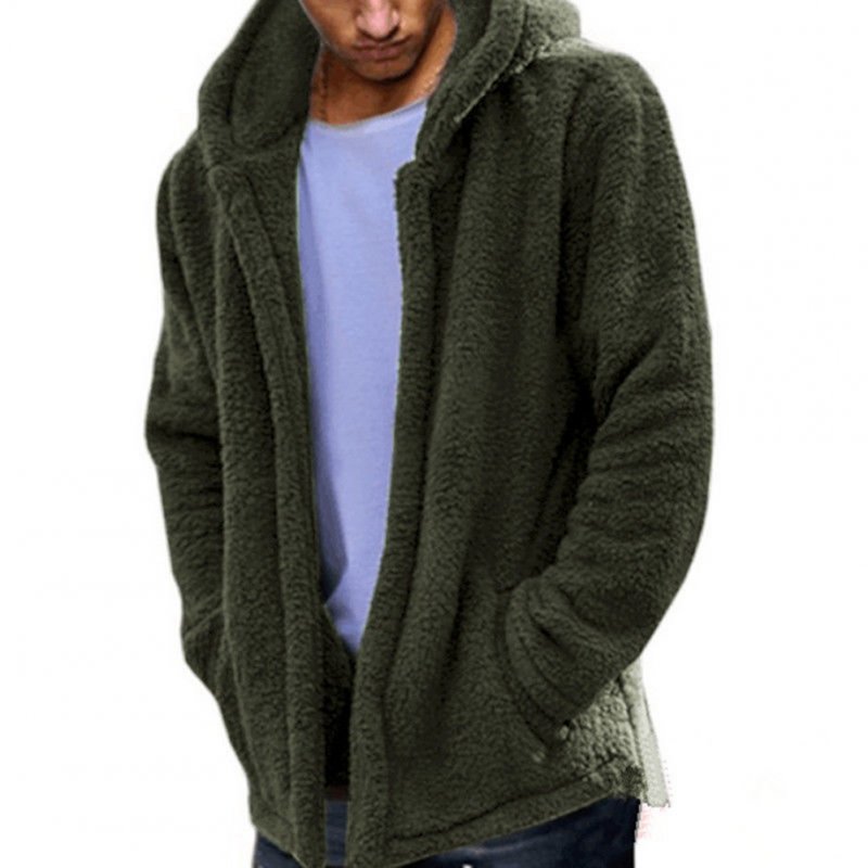 Men Casual Fluffy Fleece Coat Cardigan Hooded Sweatshirt Hoodie Jackets Outwear ArmyGreen_L