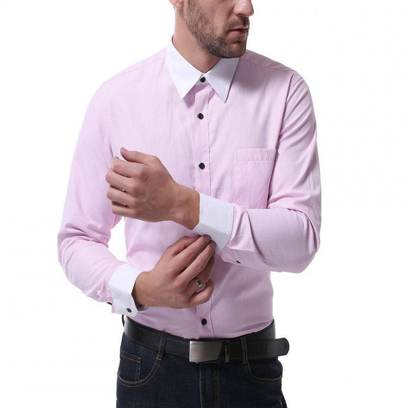 Men Casual Long Sleeve Shirt Autumn Lapel Adults Cotton Tops for Business Pink_XXL
