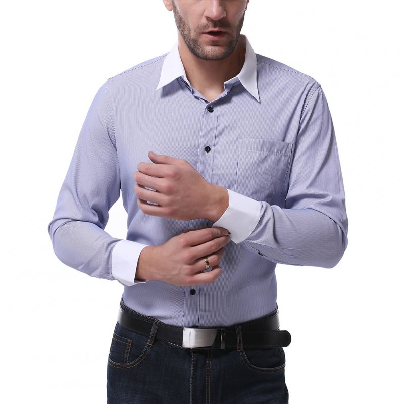 Men Casual Long Sleeve Shirt Autumn Lapel Adults Cotton Tops for Business Blue_XL