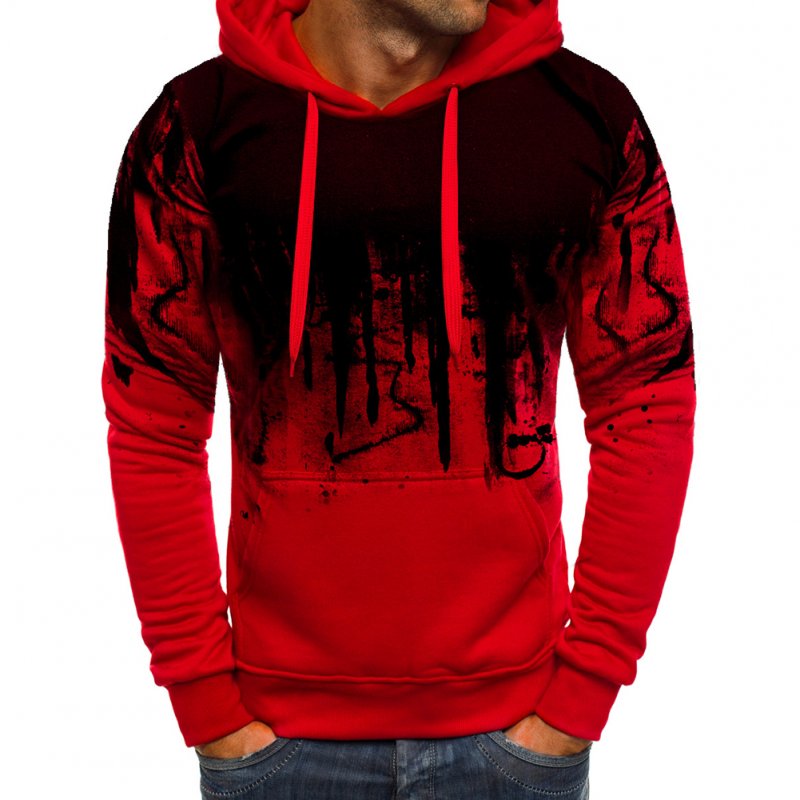 Men Casual Loose Long Sleeve Hoodie Chic Printed Sports Hooded Sweatshirt Pullover red_M