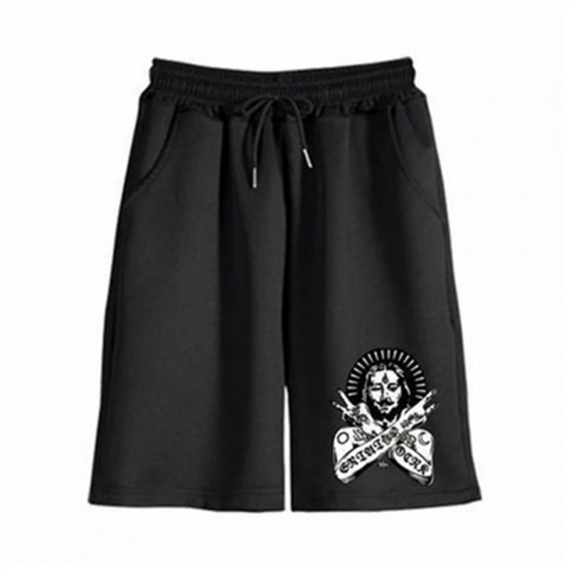 Men Casual Pants Cotton Blend Loose Printing Mid-waist Sports Beach Shorts black_2XL