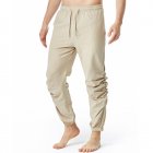 Men Casual Pants Drawstring Elastic Waist Solid Color Cotton Linen Jogging Pants For Yoga Fitness Khaki XL