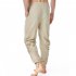 Men Casual Pants Drawstring Elastic Waist Solid Color Cotton Linen Jogging Pants For Yoga Fitness Brown S