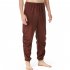 Men Casual Pants Drawstring Elastic Waist Solid Color Cotton Linen Jogging Pants For Yoga Fitness Brown S