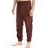 Men Casual Pants Drawstring Elastic Waist Solid Color Cotton Linen Jogging Pants For Yoga Fitness Brown S