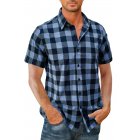 Men Casual Shirt Short Sleeve Plaid Cotton Hawaiian Tops Lapel Loose Cardigan Tops light blue XXL