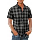 Men Casual Shirt Short Sleeve Plaid Cotton Hawaiian Tops Lapel Loose Cardigan Tops grey L