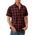 Men Casual Shirt Short Sleeve Plaid Cotton Hawaiian Tops Lapel Loose Cardigan Tops red M