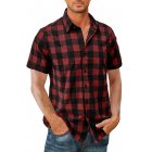 Men Casual Shirt Short Sleeve Plaid Cotton Hawaiian Tops Lapel Loose Cardigan Tops red XL