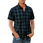 Men Casual Shirt Short Sleeve Plaid Cotton Hawaiian Tops Lapel Loose Cardigan Tops green L