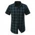 Men Casual Shirt Short Sleeve Plaid Cotton Hawaiian Tops Lapel Loose Cardigan Tops Army Green M