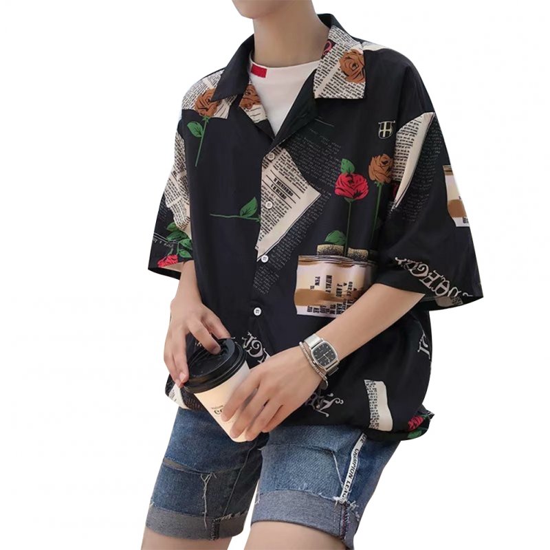 Men Casual Shirts Floral Painting Lapel Collar Elbow Sleeve Loose Tops  C11 rose black_XL