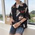Men Casual Shirts Floral Painting Lapel Collar Elbow Sleeve Loose Tops  C11 rose black XL
