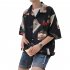 Men Casual Shirts Floral Painting Lapel Collar Elbow Sleeve Loose Tops  C11 rose black XL
