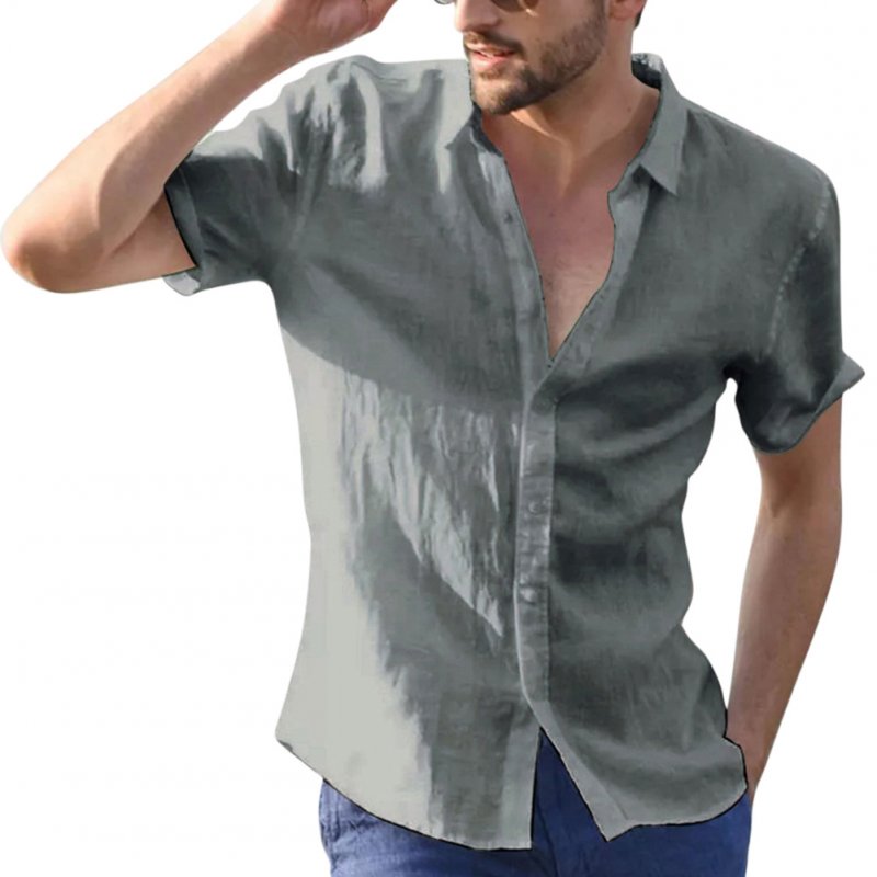 Men Casual Short Sleeves Shirt Concise Solid Color Shirt gray_M