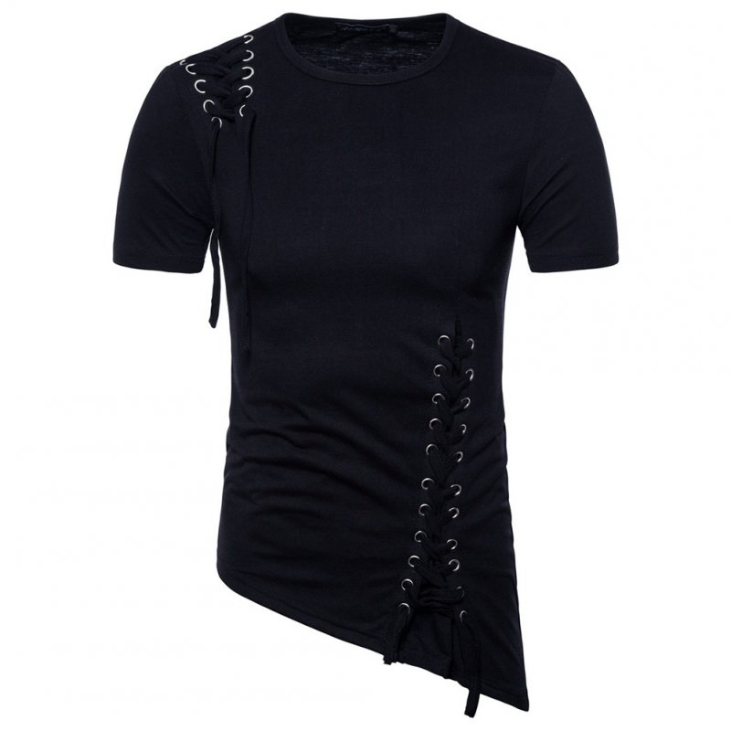 Men Casual Slim Short Sleeve T-Shirt Unique Irregular Hem Braided Rope Tops black_XXL