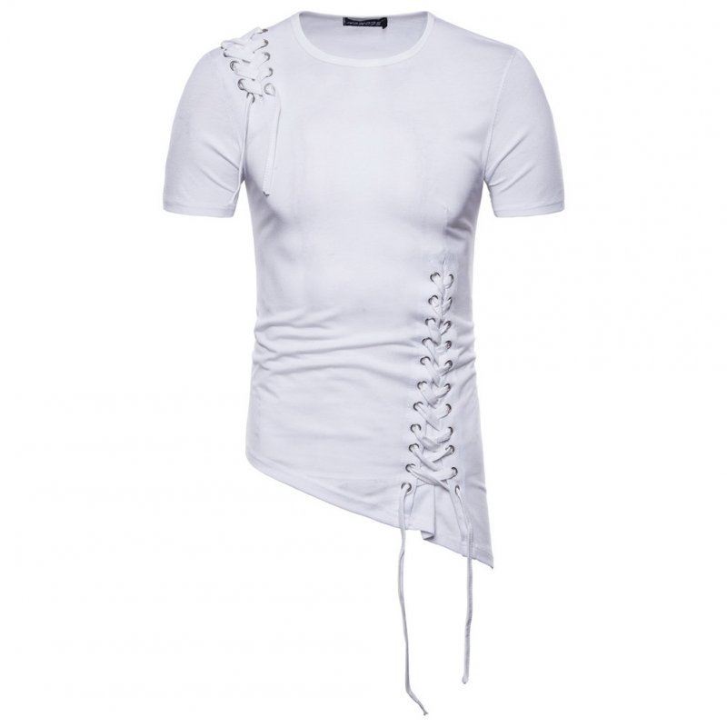 Men Casual Slim Short Sleeve T-Shirt Unique Irregular Hem Braided Rope Tops white_M