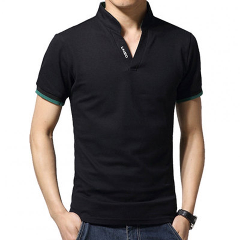 Men Casual Solid Color Cuff Stripe Pattern Standing Collar Shirt black_M