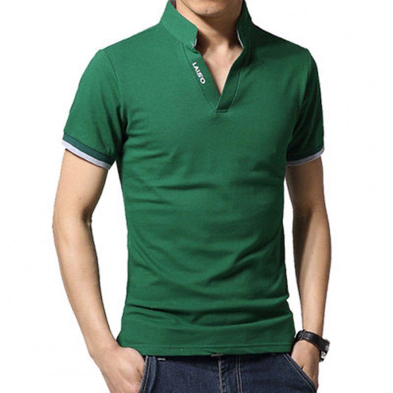 Men Casual Solid Color Cuff Stripe Pattern Standing Collar Shirt green_2XL