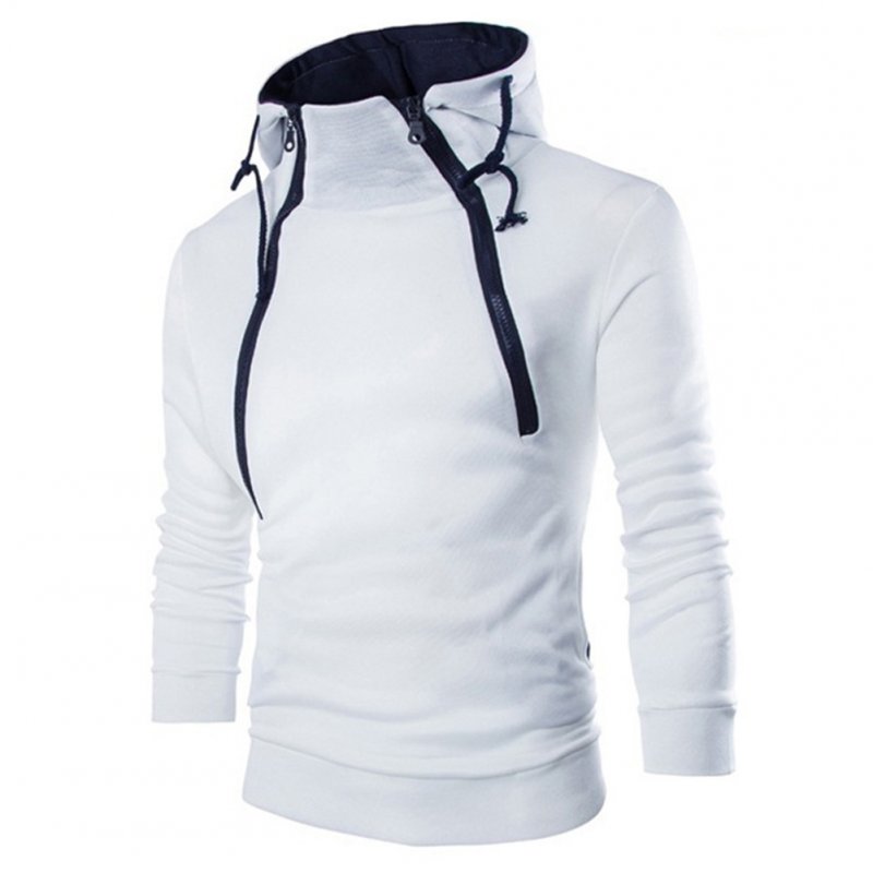 Men Casual Sports Long Sleeve Double Zipper Hoodie Simple Solid Color Hooded Sweatshirt  white_XL