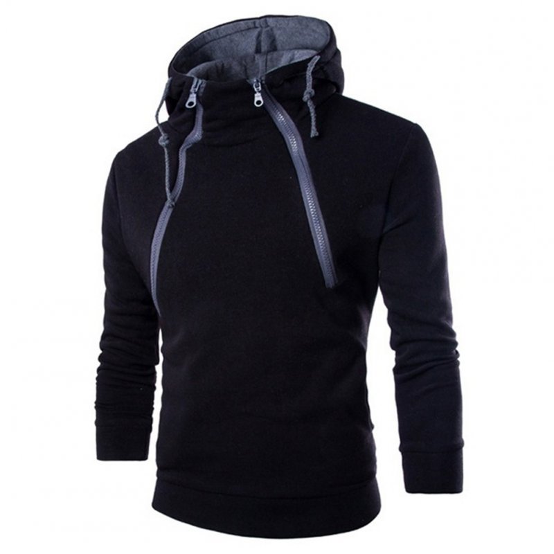 Men Casual Sports Long Sleeve Double Zipper Hoodie Simple Solid Color Hooded Sweatshirt  black_XL