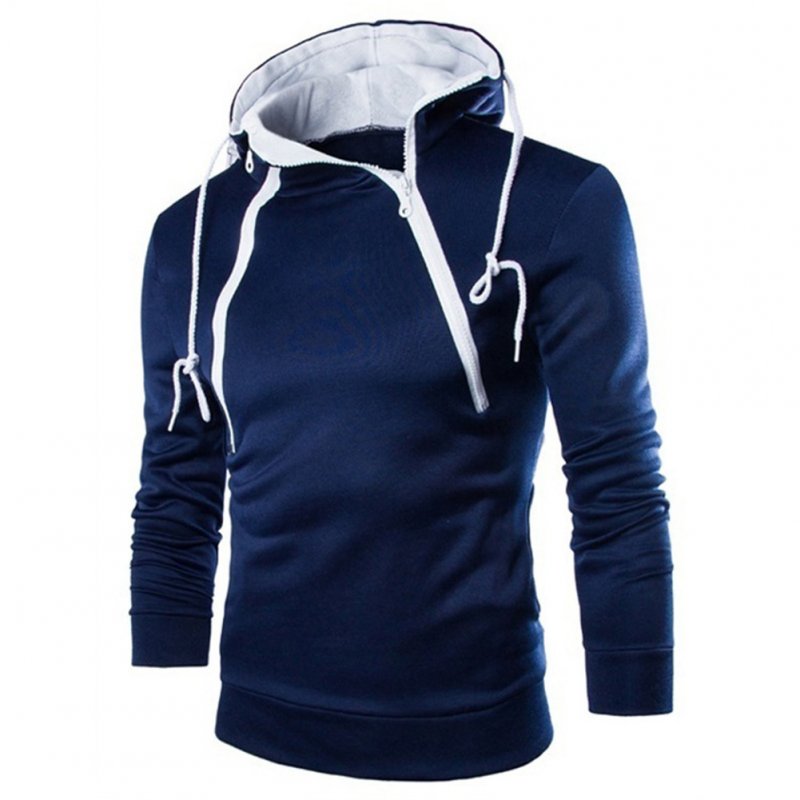 Men Casual Sports Long Sleeve Double Zipper Hoodie Simple Solid Color Hooded Sweatshirt  Navy_XL