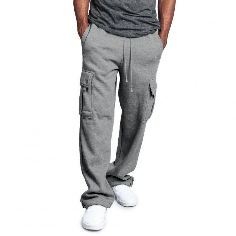 Men Casual Sports Multi Pockets Loose Straight Overalls Pants light grey_M