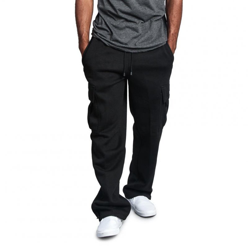 Men Casual Sports Multi Pockets Loose Straight Overalls Pants black_M