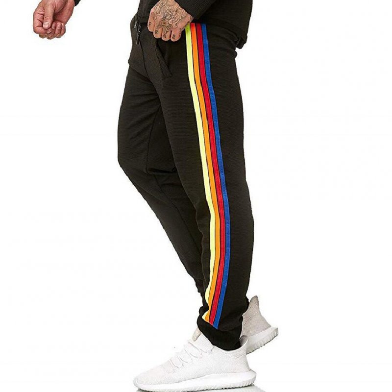 Men Casual Sports Pants Side Multi-color Ribbon Fashion Pants Trousers black_M