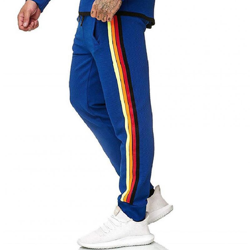 Men Casual Sports Pants Side Multi-color Ribbon Fashion Pants Trousers blue_XXXL