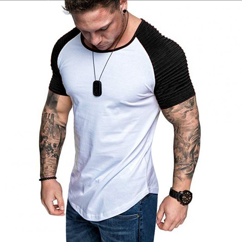 Men Casual Sports T-shirt Thin Slim Fashion Matching Color T-shirt White with black_XL
