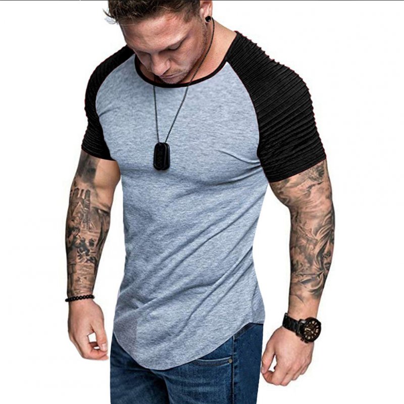 Men Casual Sports T-shirt Thin Slim Fashion Matching Color T-shirt Light gray with black_L