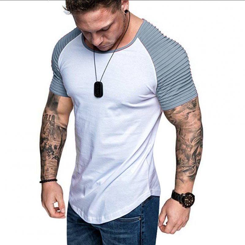 Men Casual Sports T-shirt Thin Slim Fashion Matching Color T-shirt White with gray_M