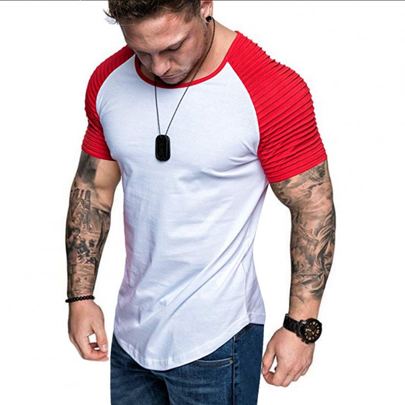Men Casual Sports T-shirt Thin Slim Fashion Matching Color T-shirt White with red_XL