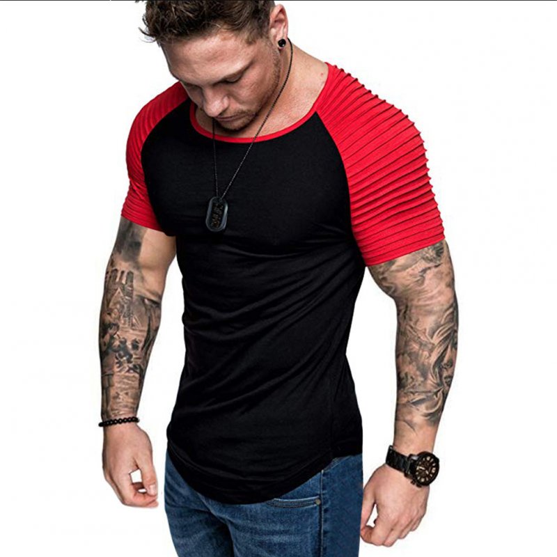 Men Casual Sports T-shirt Thin Slim Fashion Matching Color T-shirt Black with red_L