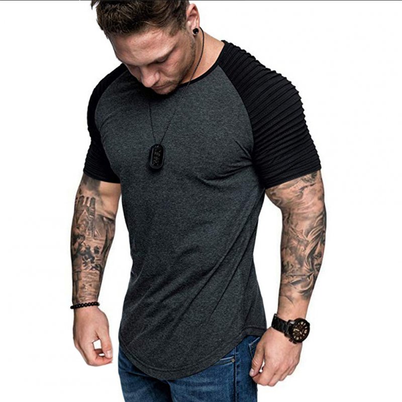 Men Casual Sports T-shirt Thin Slim Fashion Matching Color T-shirt Dark gray with black_M