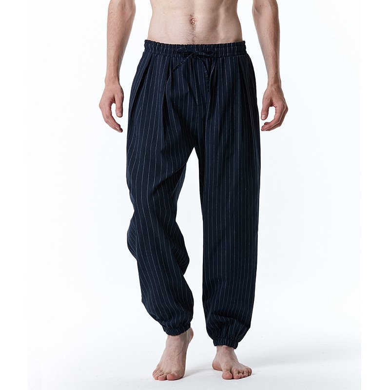 Wholesale Men Casual Trousers Fashion Striped Middle Waist Elastic Waist  Pants Large Size Loose Breathable Pants navy blue 3XL From China