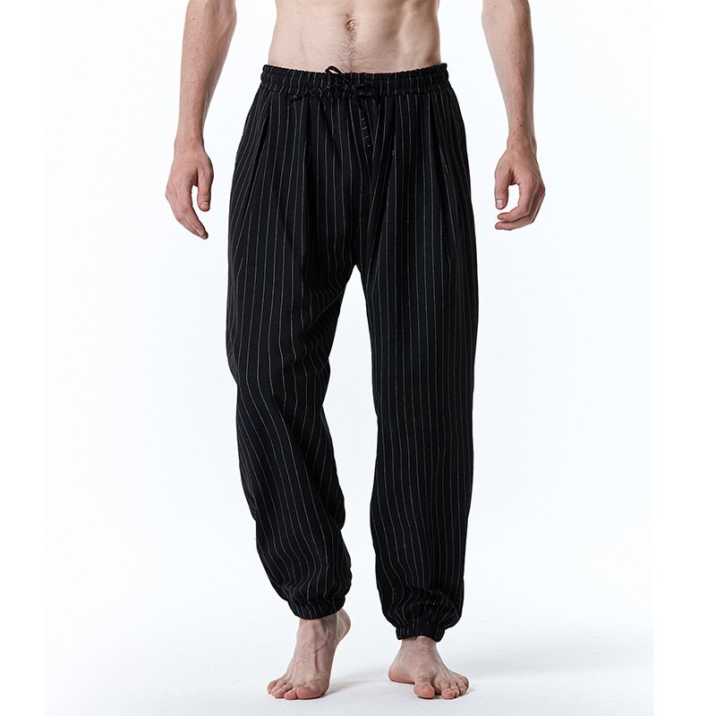 Men Casual Trousers Fashion Striped Middle Waist Elastic Waist Pants Large Size Loose Breathable Pants black 2XL